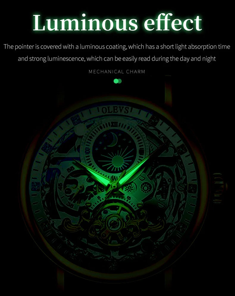 OLEVS Top Brand Luxury Mechanical Watch Men Leather Waterproof Moon Phase Automatic Wristatches Man Clock with Luminous Hands