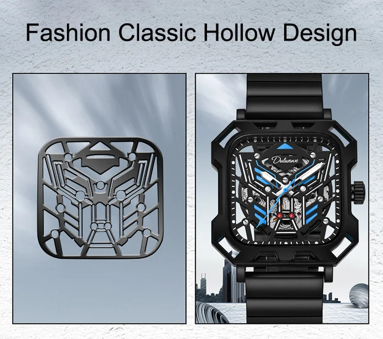 Square Skeleton Dial Mens Watches Top Brand Luxury Luminous Sports Automatic Mechanical Watch Waterproof Steel Reloj Hombre