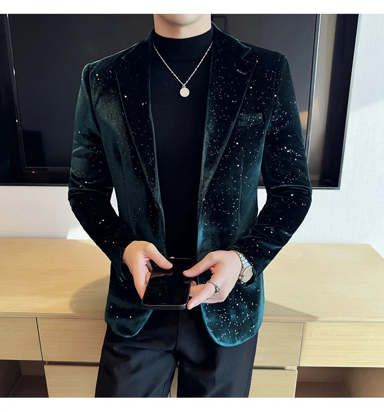 2024 Autumn New Velvet Jacket Men's Blazer Business Fashion Hot Stamping Printed Suit Jacket High-quality Luxury Dress Suit