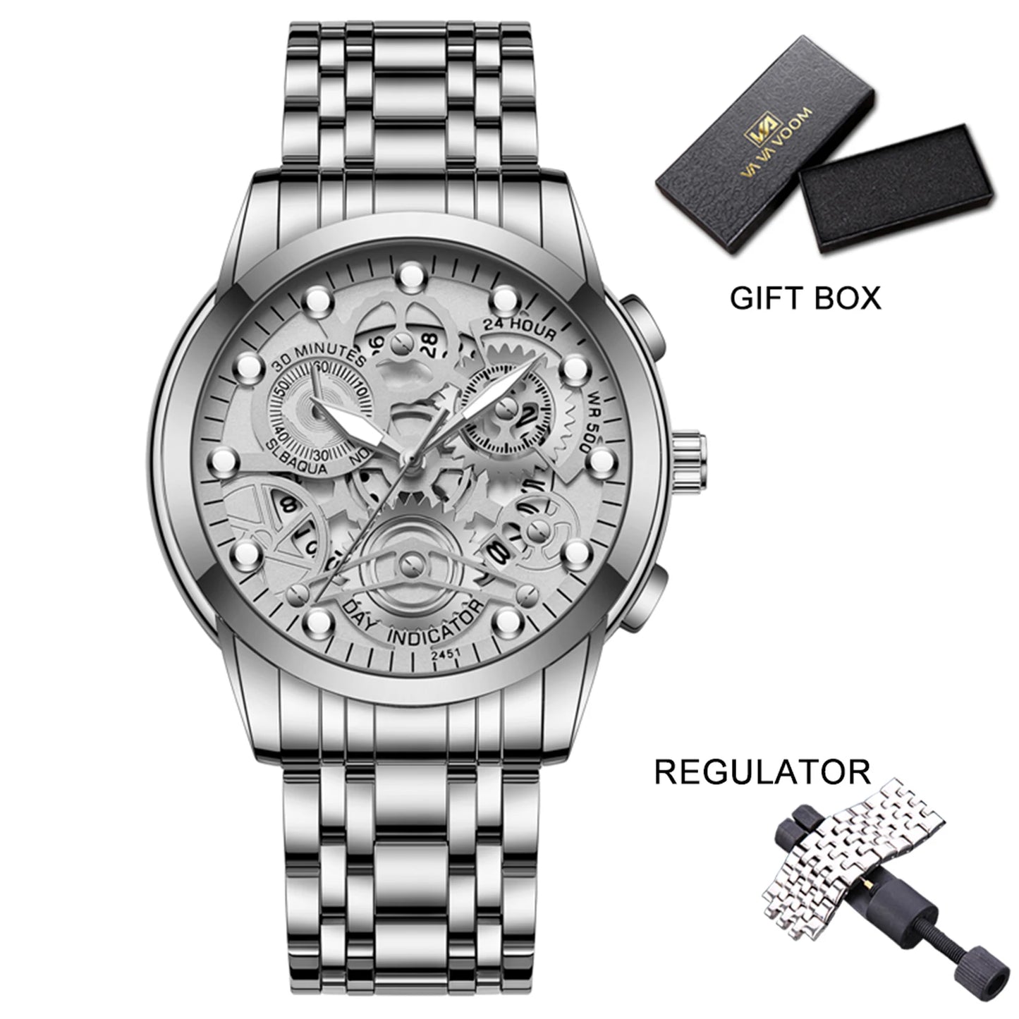 Men's Business Watch Skeleton Design Fashion Mechanical Style Stainless Steel Quartz Movement Calendar Waterproof Men WristWatch