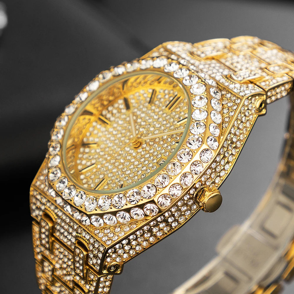 2024 New Hip Hop Mens Quartz Watch Brand MISSFOX Luxury Automatic Date Iced Out Clocks Man Fashion Green Full Diamond Wristwatch
