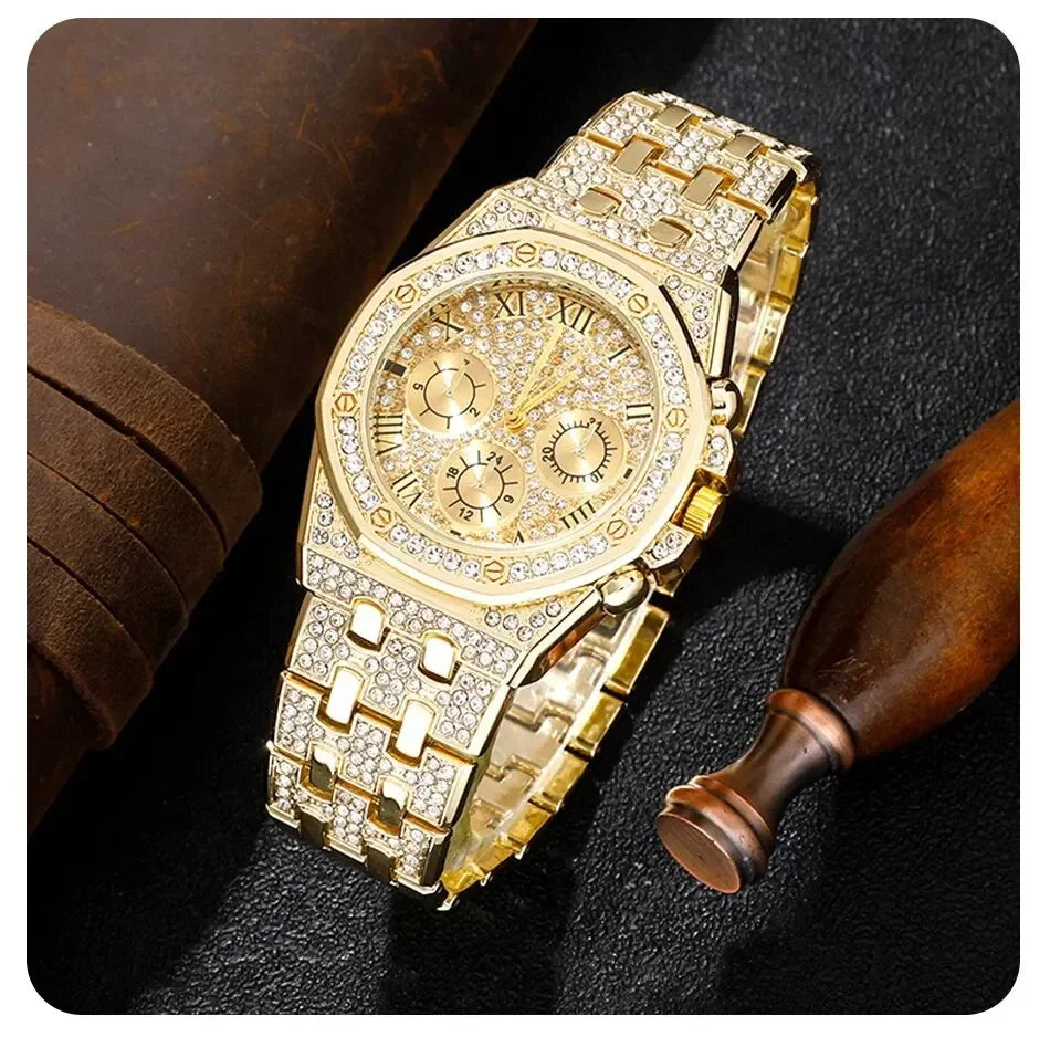 Luxury Men Watch Stainless Stee Band Golden Watches for Men Fashion Hip Hop Watch Diamond Big Dial Business Quartz Wristwatches