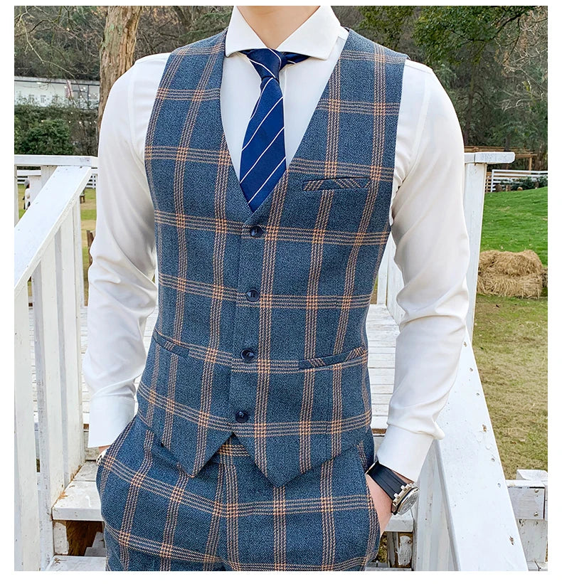 Blazers Pants Set 2 Pieces Set, 2024 Men's Business Casual Men Plaid Suit Jacket and Trousers, Asian Size M-5XL