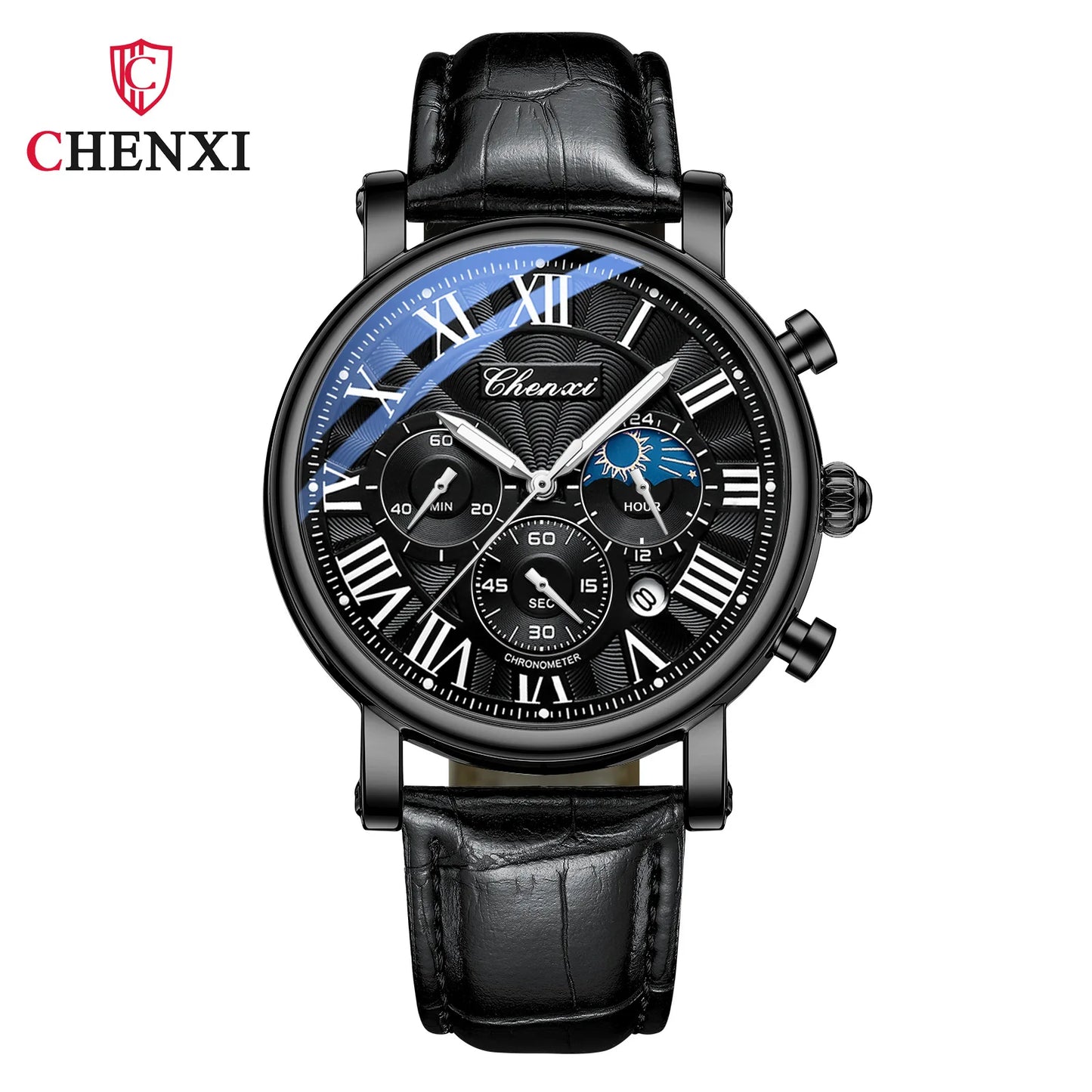 CHENXI 973 Men's Wristwatch Multi-functional Business Watch Moon Phase Date Waterproof Rome Dial Leather Quartz Watches for Man