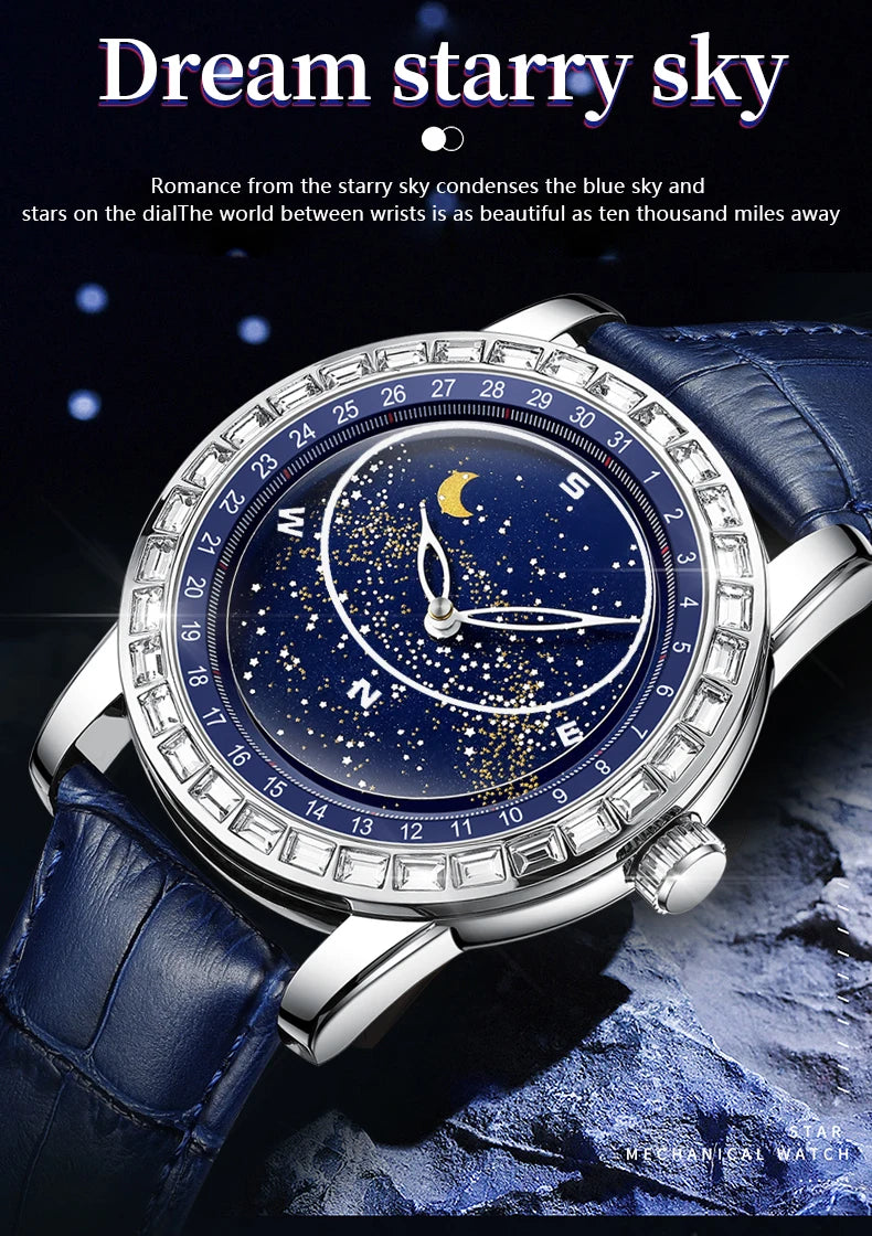 BINBOND Brand Rotating All Over The Sky Empty Diamond Men Watches Fashion Business Sun Moon Stars Waterproof Luminous Men Watch