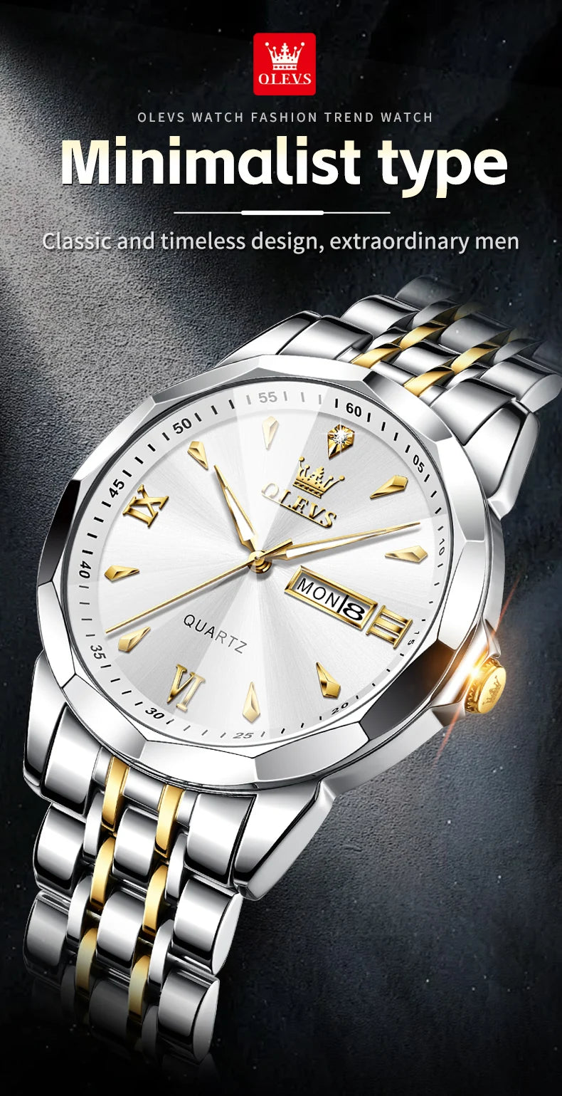 OLEVS 9998 Mens Watch Original Rhombus Mirror Quartz Mature Man Watch Waterproof Luminous Dual Calendar Display Watch For Man