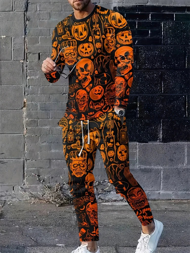 2024 New 3D Skull Print Men's Long Sleeve T-shirt And Pants Autumn Everyday Casual Men's Fashion Halloween Suit Two-piece