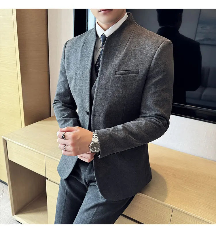 Korean Style Men's Suit Set Slim Fit Business Suit Wool Blazer Three Piece Set Elegant Social Formal Men's Clothing 5XL-M