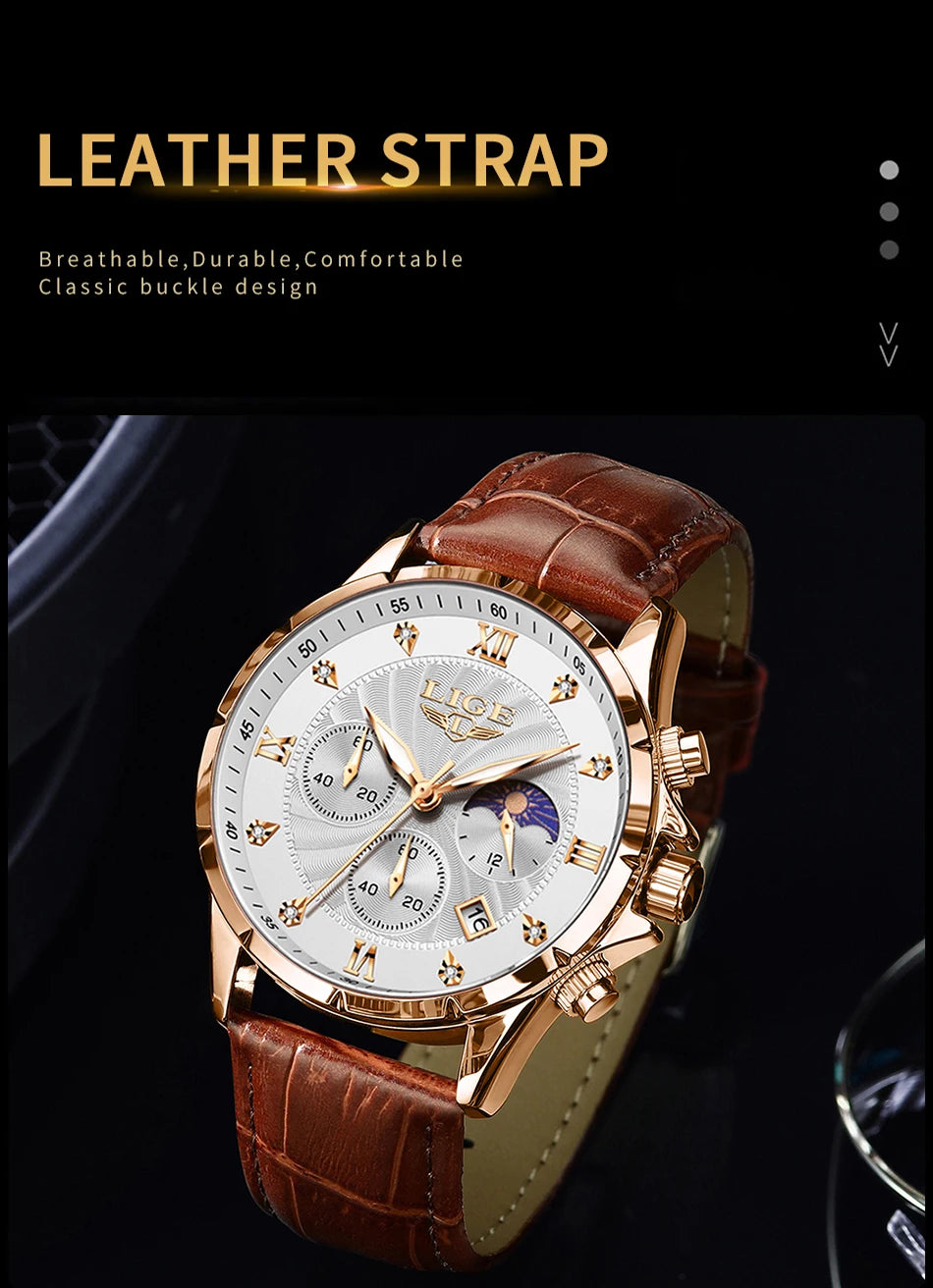LIGE Men's Watch Luxury Business Luminous Waterproof Leather Watches Moon Phase Week Date Casual Quartz Watch Men Reloj hombre