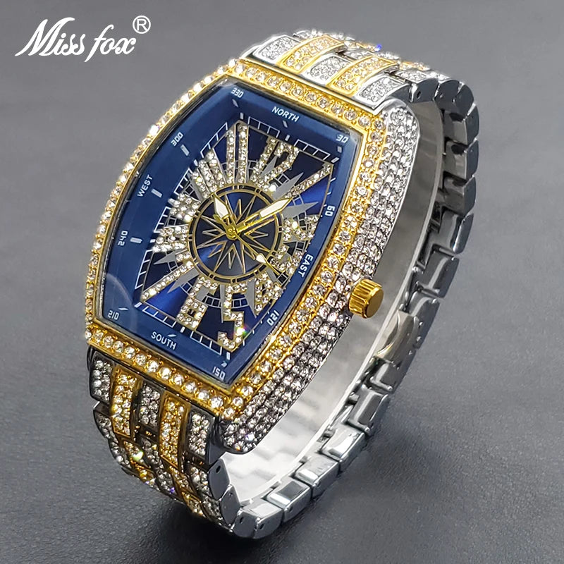 Classic 55mm Black Dial Wristwatch Men Famous Brand Diamond Silver Quartz Watch Original Ice Out Shiny Waterproof Clock 2023 New