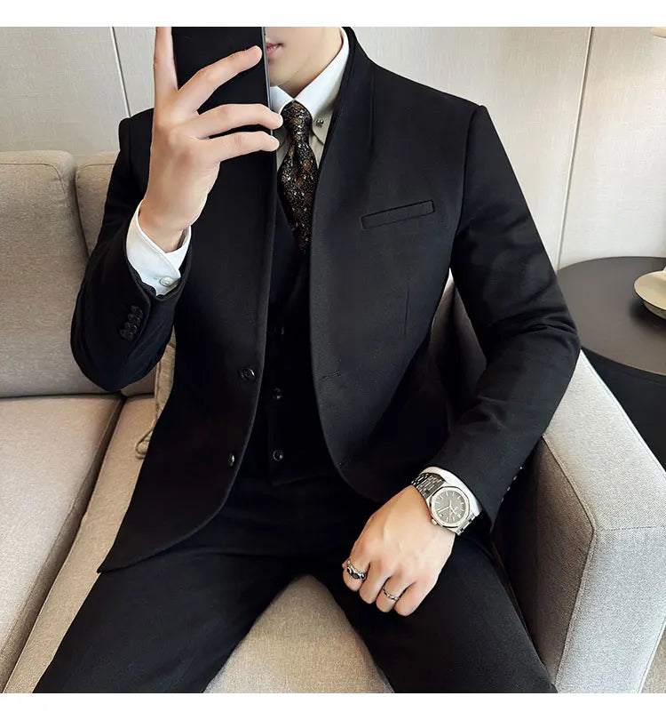 Korean Style Men's Suit Set Slim Fit Business Suit Wool Blazer Three Piece Set Elegant Social Formal Men's Clothing 5XL-M