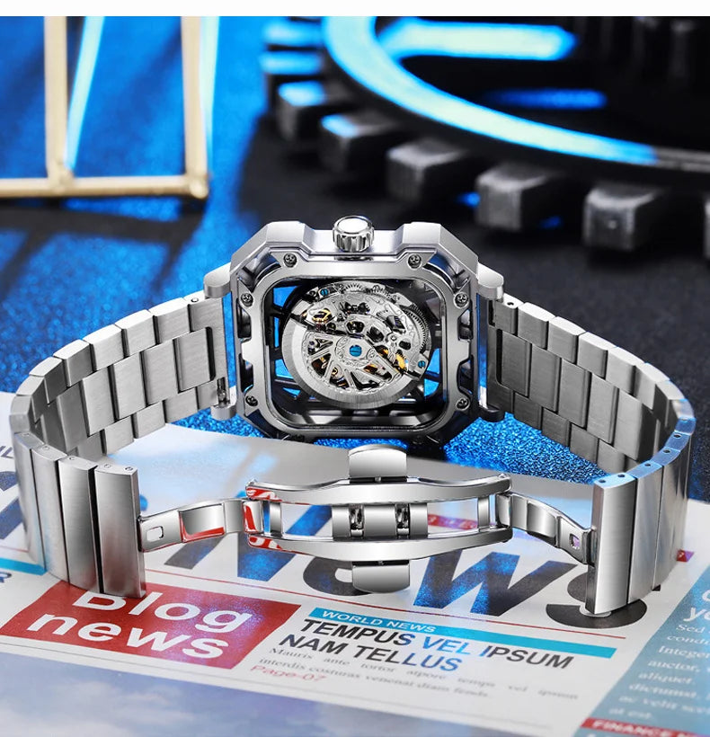 Square Skeleton Dial Mens Watches Top Brand Luxury Luminous Sports Automatic Mechanical Watch Waterproof Steel Reloj Hombre