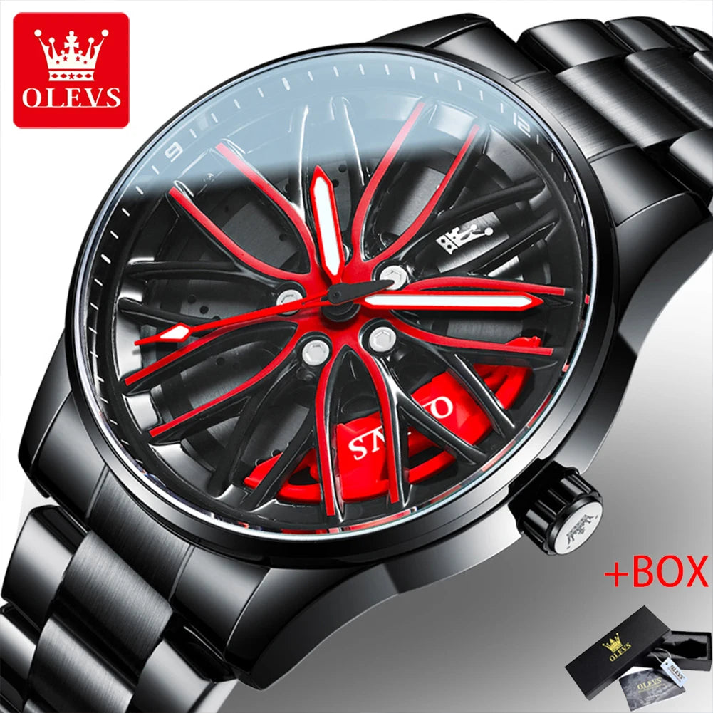OLEVS Men Quartz Watch Car Wheel Rim Hub Dial Male Wristwatch Cool Man Black Red Waterproof Watches Full Steel Relogio Masculino
