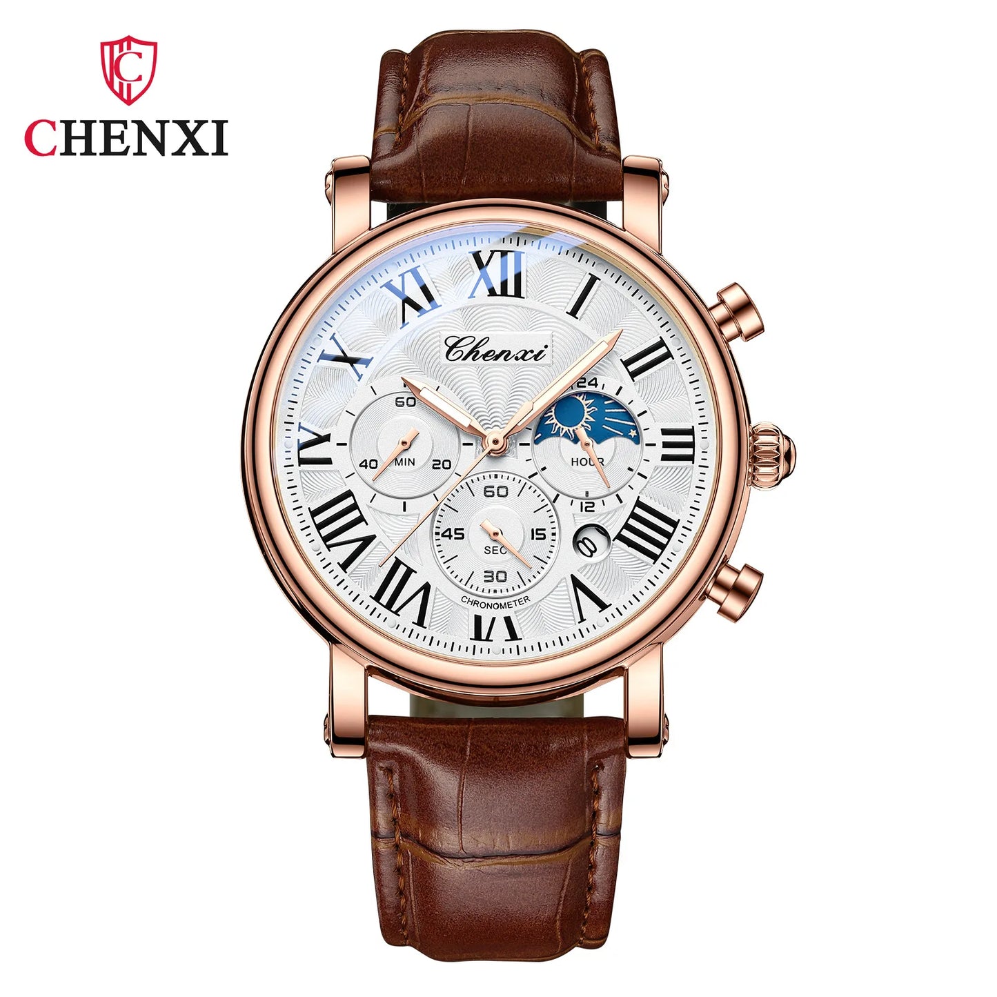 CHENXI 973 Men's Wristwatch Multi-functional Business Watch Moon Phase Date Waterproof Rome Dial Leather Quartz Watches for Man