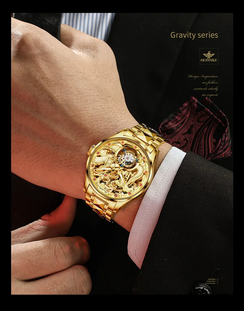 OUPINKE 3176 Luxury High end Fully Automatic Mechanical Tourbillon Watch Full Golden Dragon Dial Watch Sapphire Mirror Men Watch