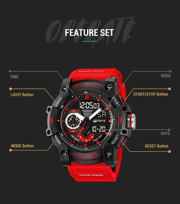 STRYVE Electronic Fashion Men's Sport Watches Shock Resistant 50M Waterproof Wristwatch LED Alarm Stopwatch Clock Men 8029