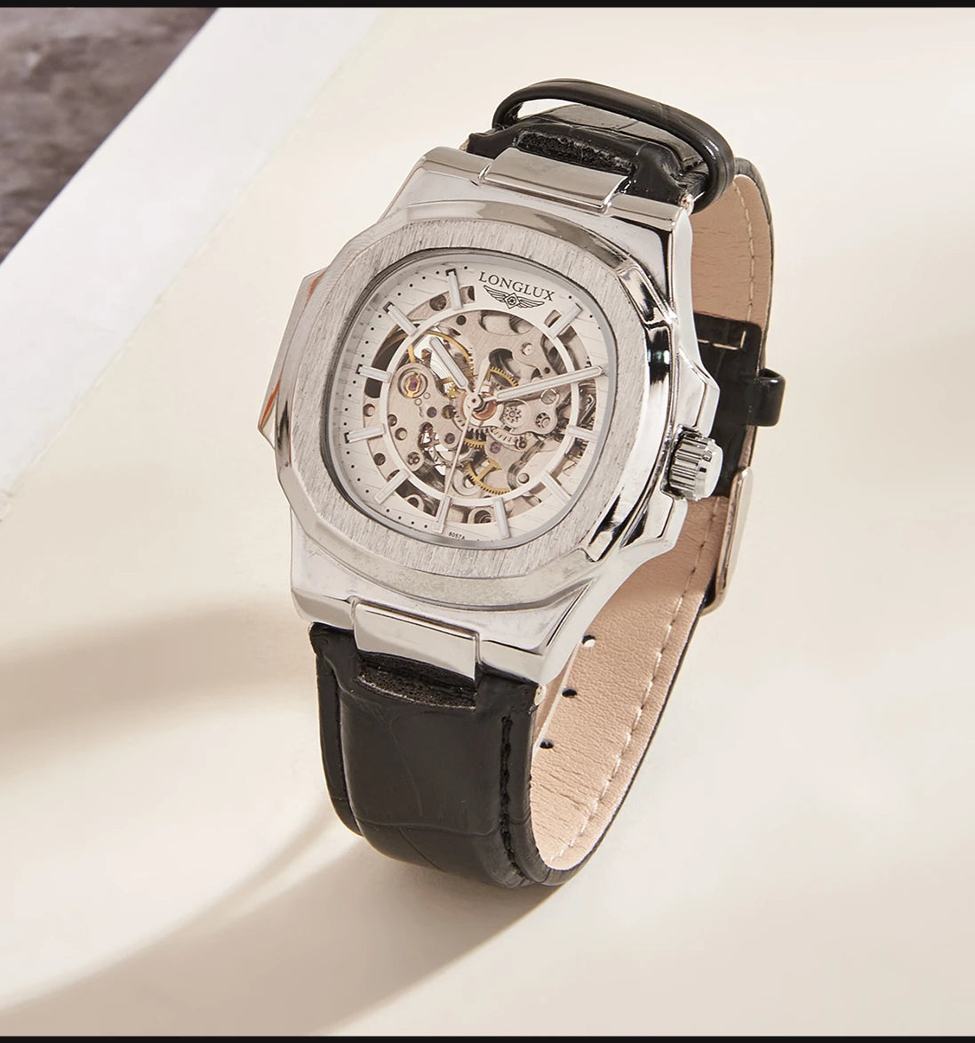 LONGLUX automatic man watch sport style wholesale mechanical wristwatches fashion hollow leather man watch men gift