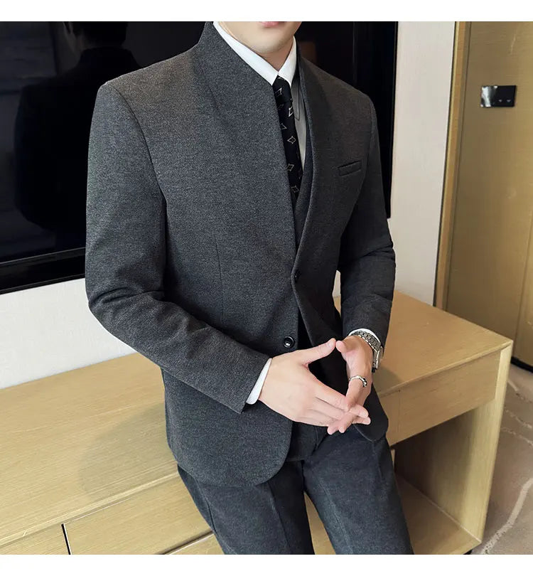 Korean Style Men's Suit Set Slim Fit Business Suit Wool Blazer Three Piece Set Elegant Social Formal Men's Clothing 5XL-M