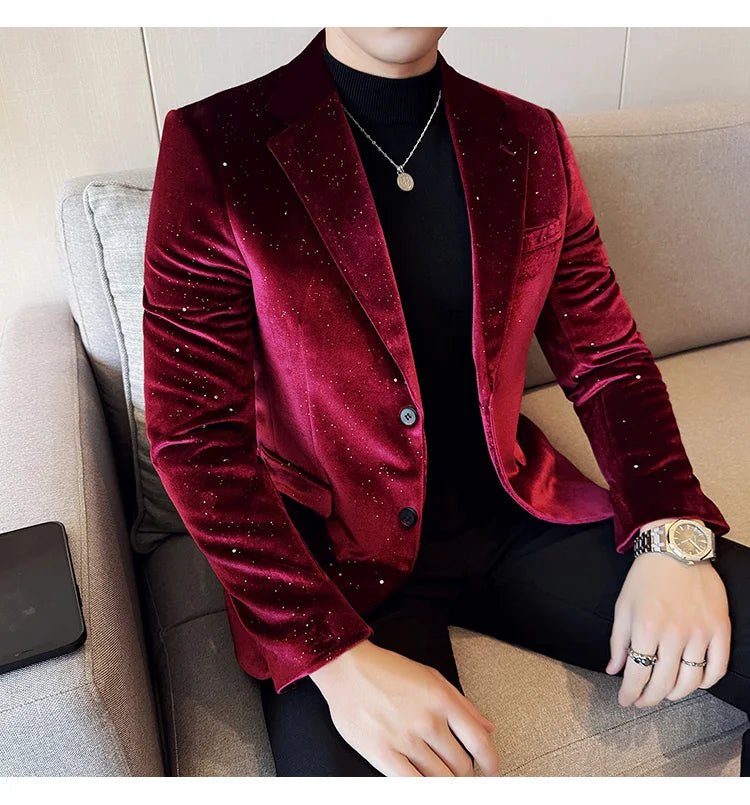 2024 Autumn New Velvet Jacket Men's Blazer Business Fashion Hot Stamping Printed Suit Jacket High-quality Luxury Dress Suit