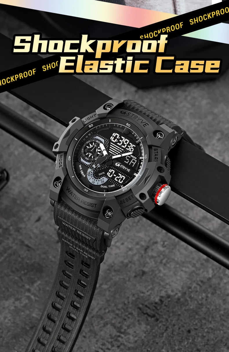 STRYVE Electronic Fashion Men's Sport Watches Shock Resistant 50M Waterproof Wristwatch LED Alarm Stopwatch Clock Men 8029