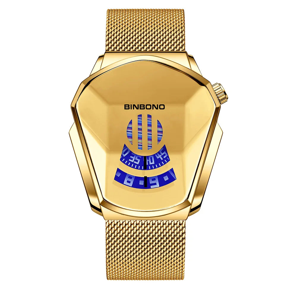 BINBOND Men Popular Fashion Motorcycle Concept Quartz Watch Luminous Steel Band Mesh Watch Touch Screen black technology watch