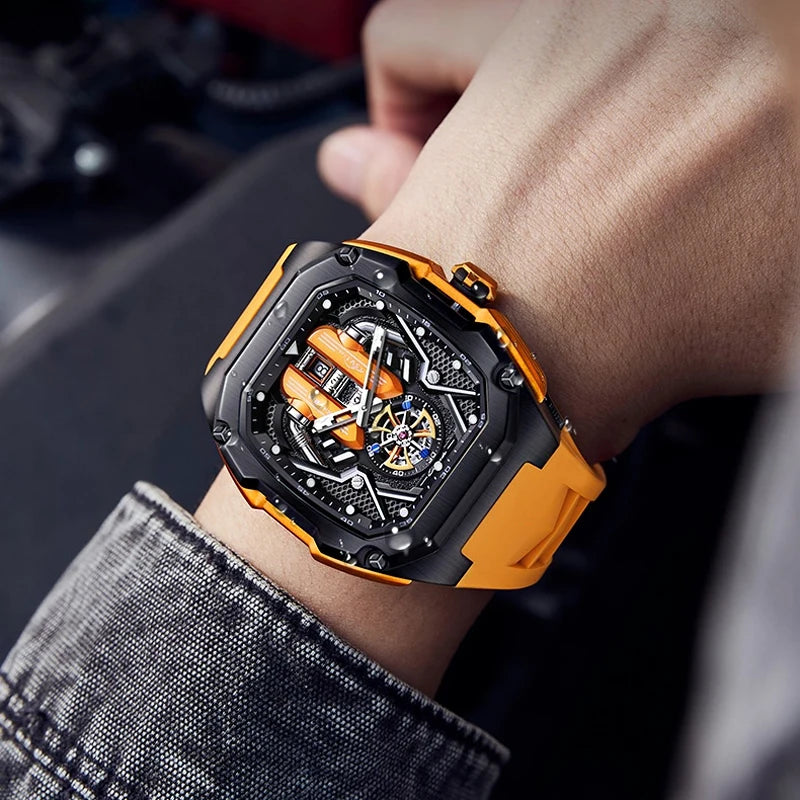 Engine Surface Design Quartz Watch for Men Original Top Brand Rubber strap Waterproof Luminous Date Men's Quartz Watch reloj
