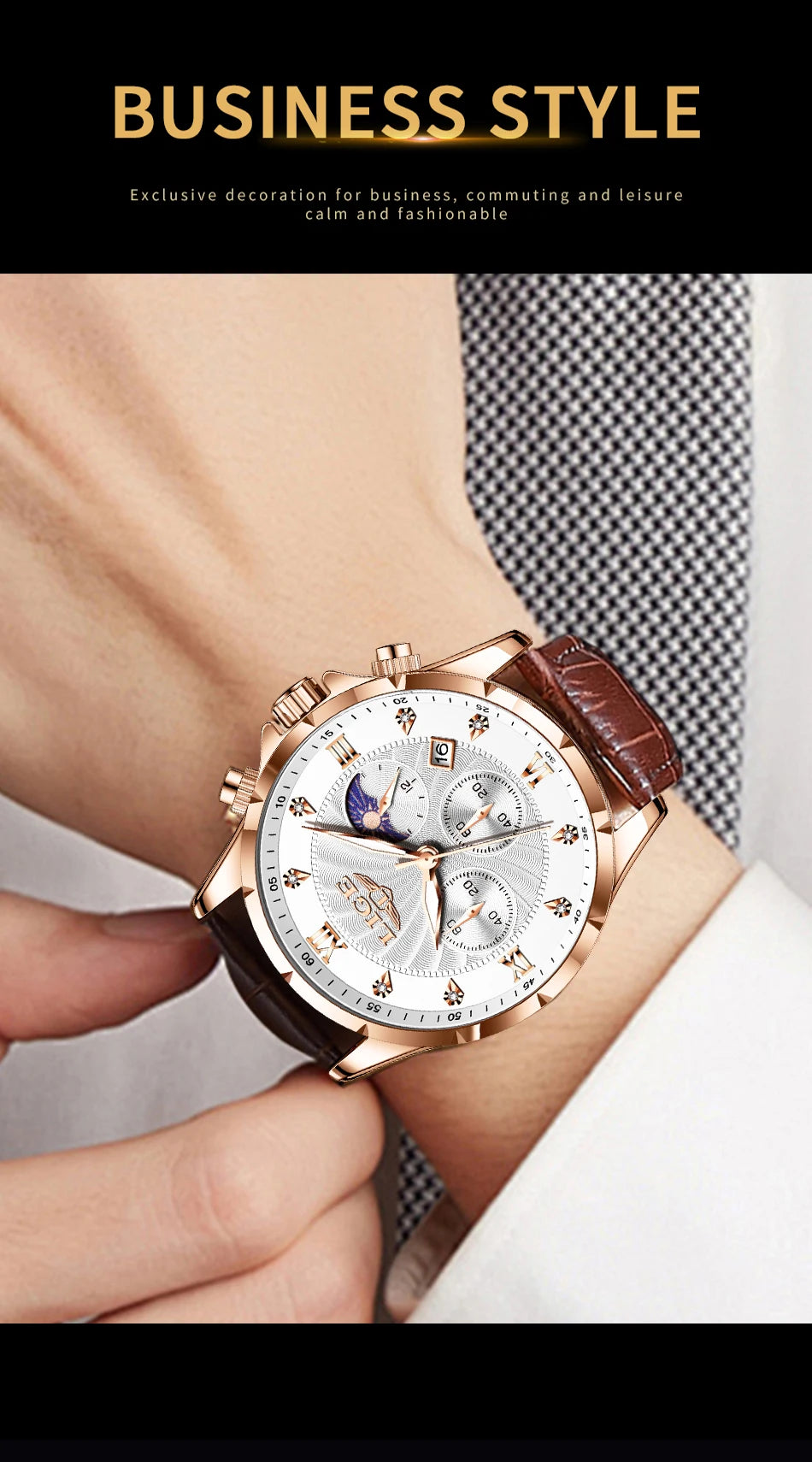 LIGE Men's Watch Luxury Business Luminous Waterproof Leather Watches Moon Phase Week Date Casual Quartz Watch Men Reloj hombre