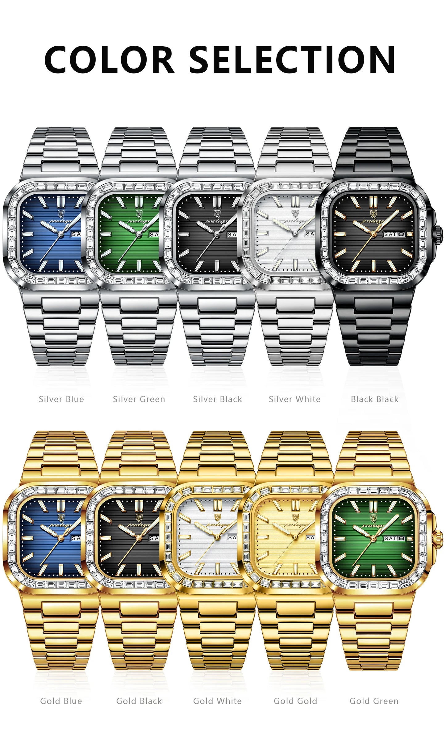POEDAGAR Top Brand Luxury Watch for Men Waterproof Luminous Date Week Man Wristwatch Stainless Steel Square Quartz Men's Watches