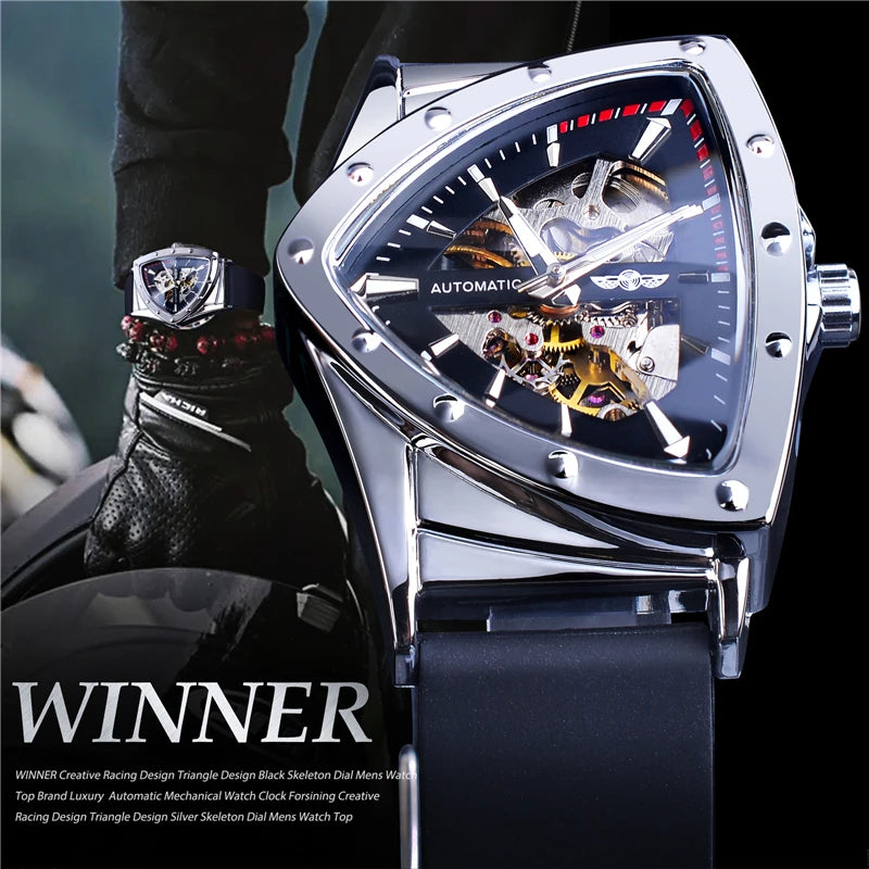 Winner 395R WINNER Minimalist Automatic Watch for Men Creative Triangle Dial Brand Luxury Business Mechanical Watches Silicone