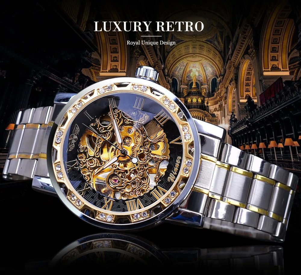 Fashion Winner Hot Top Brand Luxury Men Transparent Diamond Luminou Smovement Male Mechanical Skeleton Royal Design Wrist Watch