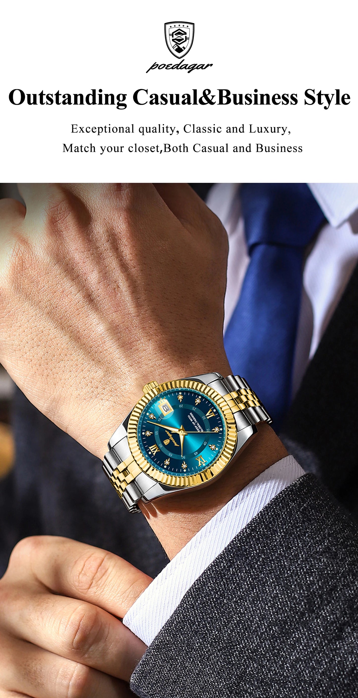 POEDAGAR Classic Men's Watches Luxury Fashion Threaded Bezel Watch for Man Luminous Date Waterproof Original Quartz Wristwatch