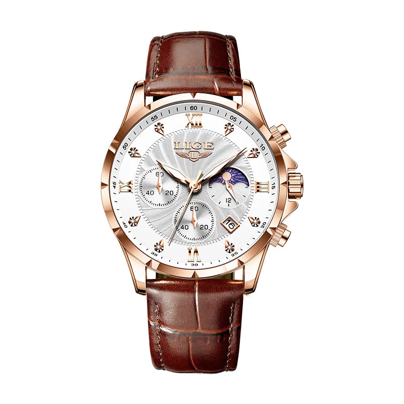 LIGE Men's Watch Luxury Business Luminous Waterproof Leather Watches Moon Phase Week Date Casual Quartz Watch Men Reloj hombre