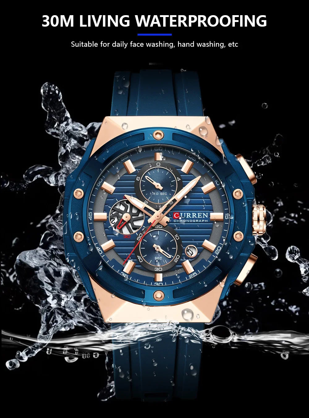CURREN Fashionable Sports Multifunctional Chronograph Quartz Watch with Silicone Strap Creative Design Dial Luminous Hands