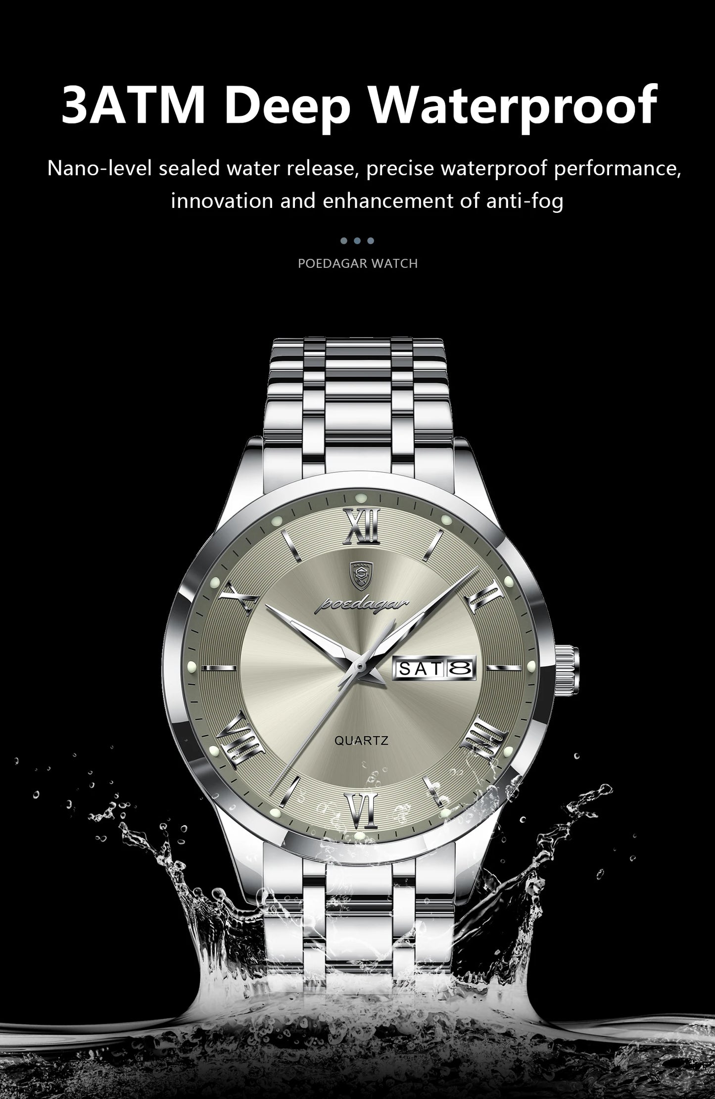POEDAGAR Luxury Fashion Men Clock Waterproof Luminous Week Date Sports Man Wristwatch Stainless Steel Men's Quartz Watches Reloj
