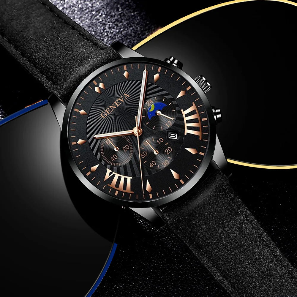 2PCS Set Fashion Mens Sports Watches Man Business Leather Bracelet Quartz Watch Luxury Men Casual Calendar Clock Reloj Hombre