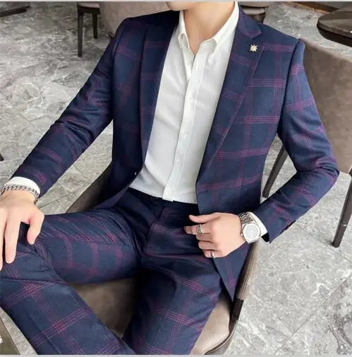 Blazers Pants Set 2 Pieces Set, 2024 Men's Business Casual Men Plaid Suit Jacket and Trousers, Asian Size M-5XL