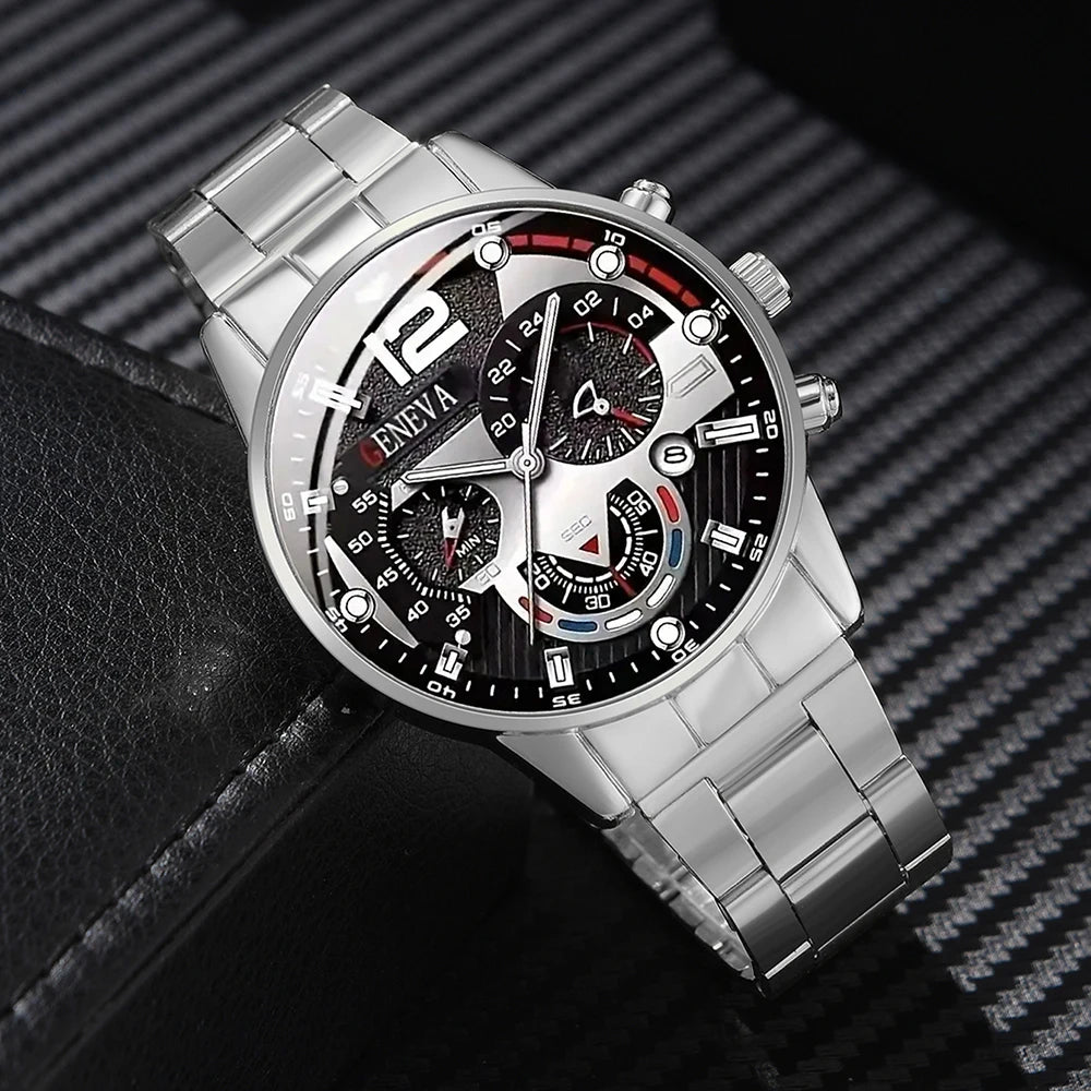 3PCS/SET Men's Calendar Quartz Watch Business Fashion Alloy Watch Set Necklace and Bracelet Set Ideal Choice for Gifts