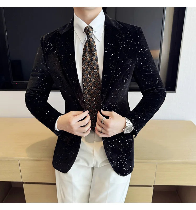2024 Autumn New Velvet Jacket Men's Blazer Business Fashion Hot Stamping Printed Suit Jacket High-quality Luxury Dress Suit
