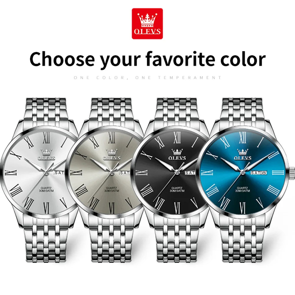 OLEVS 3633 Men's Watch Business Simply Original Quartz Watch for Man Waterproof Luminous Stainless Steel Dual Calendar Display