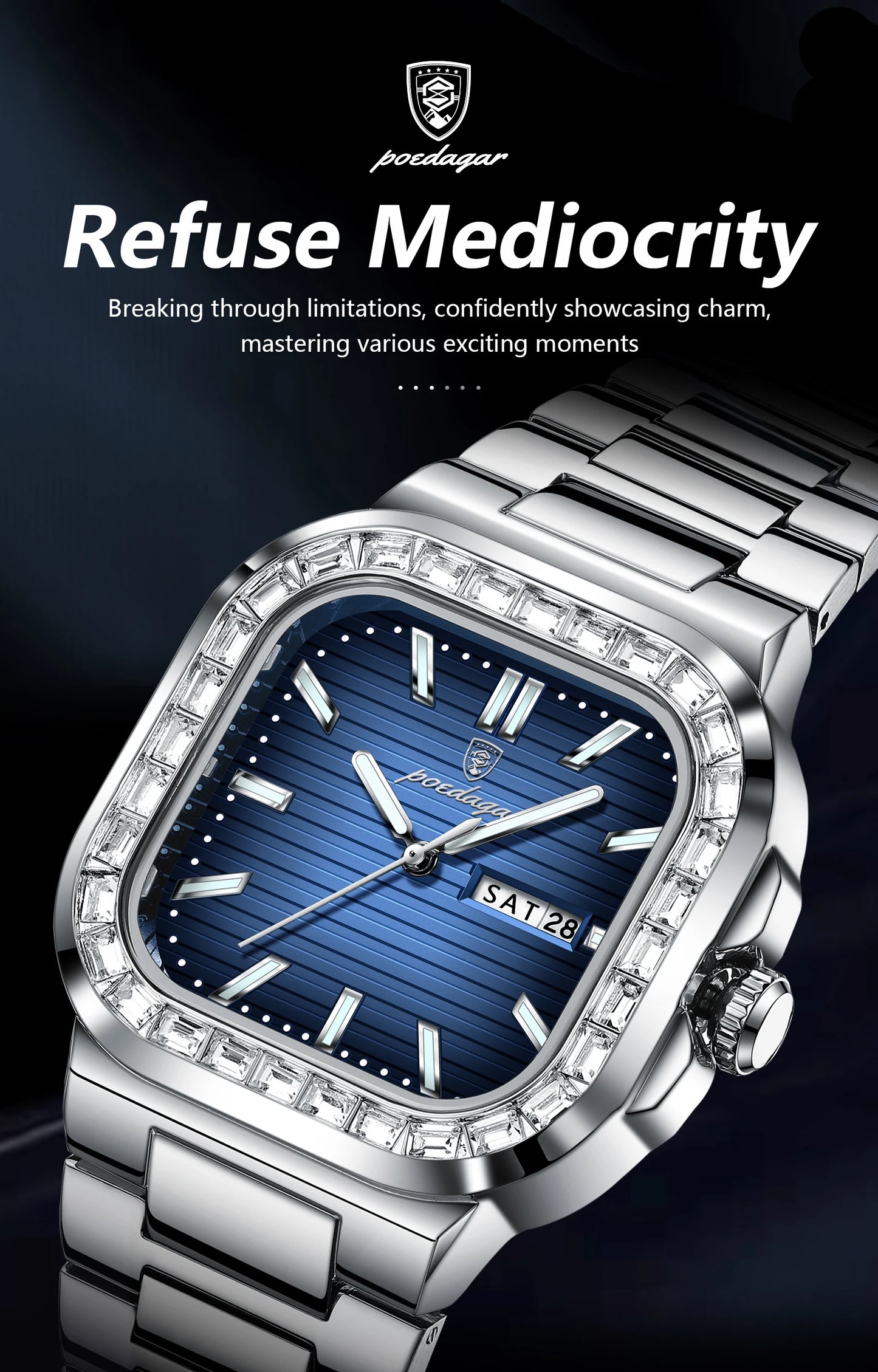 POEDAGAR Top Brand Luxury Watch for Men Waterproof Luminous Date Week Man Wristwatch Stainless Steel Square Quartz Men's Watches