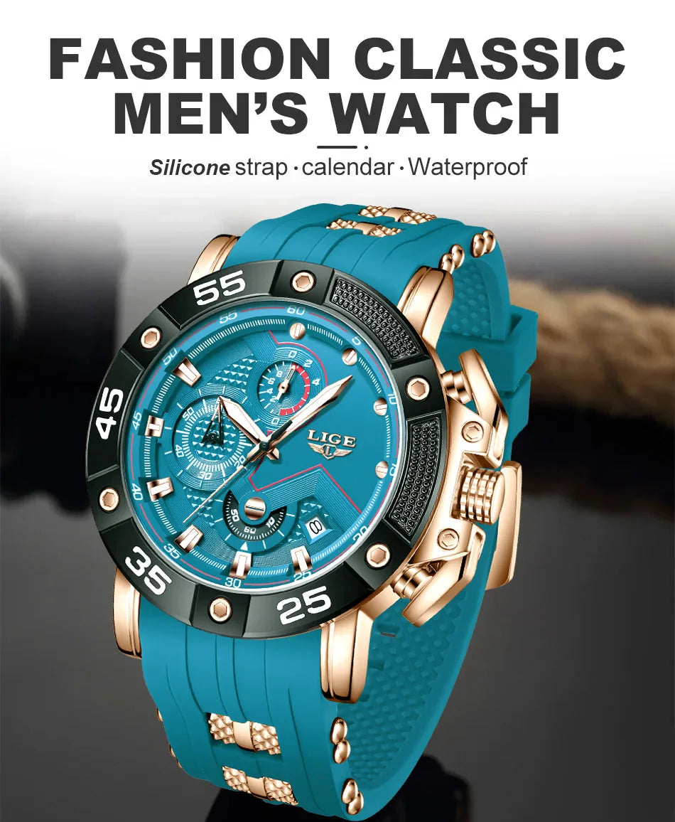 LIGE Mens Watches Top Brand Luxury Big Dial Watch Men Silicone Military Sports Waterproof Quartz Watch For Men Relogio Masculino