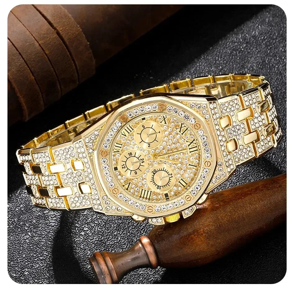 Luxury Men Watch Stainless Stee Band Golden Watches for Men Fashion Hip Hop Watch Diamond Big Dial Business Quartz Wristwatches
