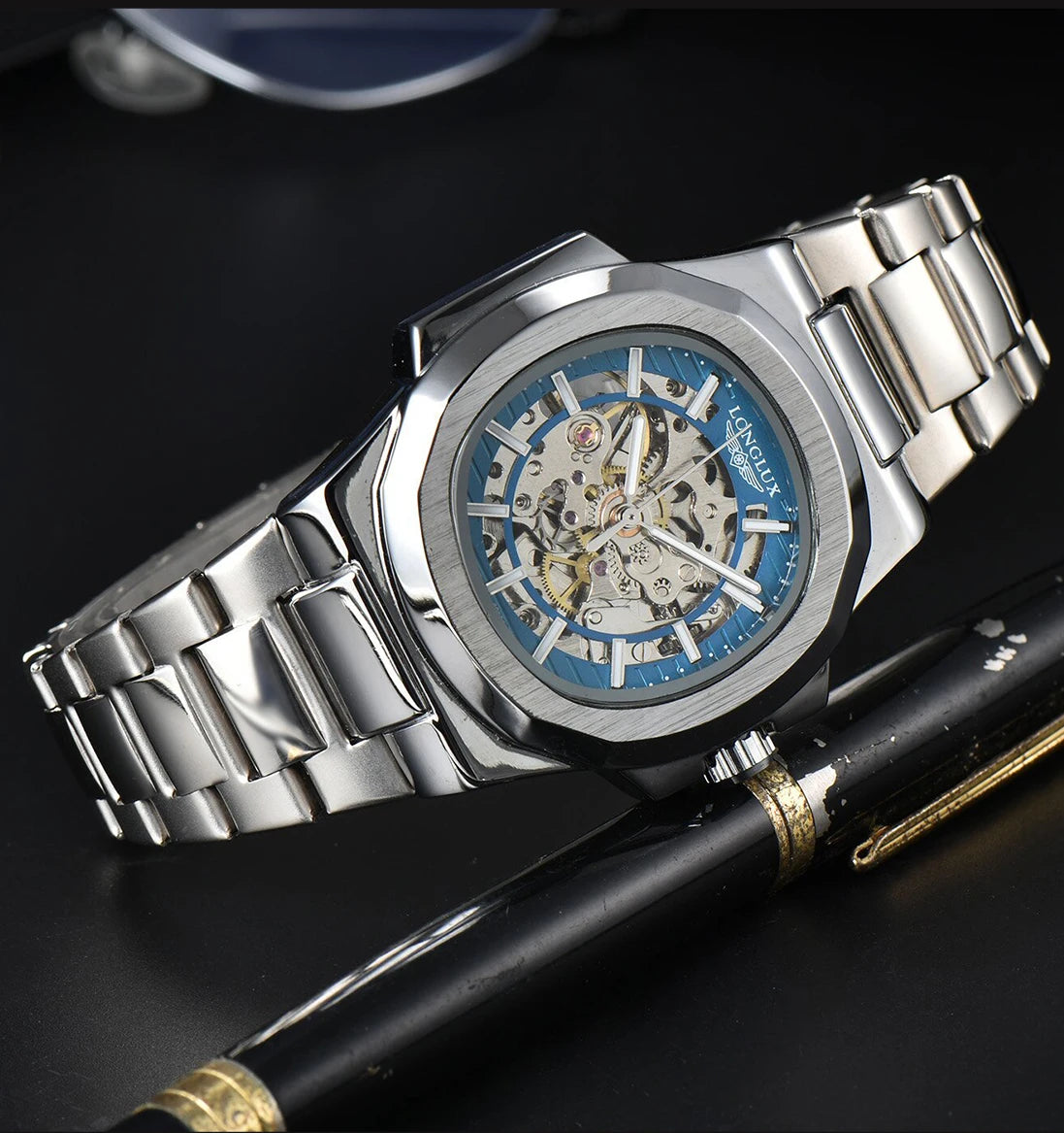 LONGLUX automatic man watch luxury wholesale mechanical wristwatches stainless steel skeleton waterproof mens watch men gift