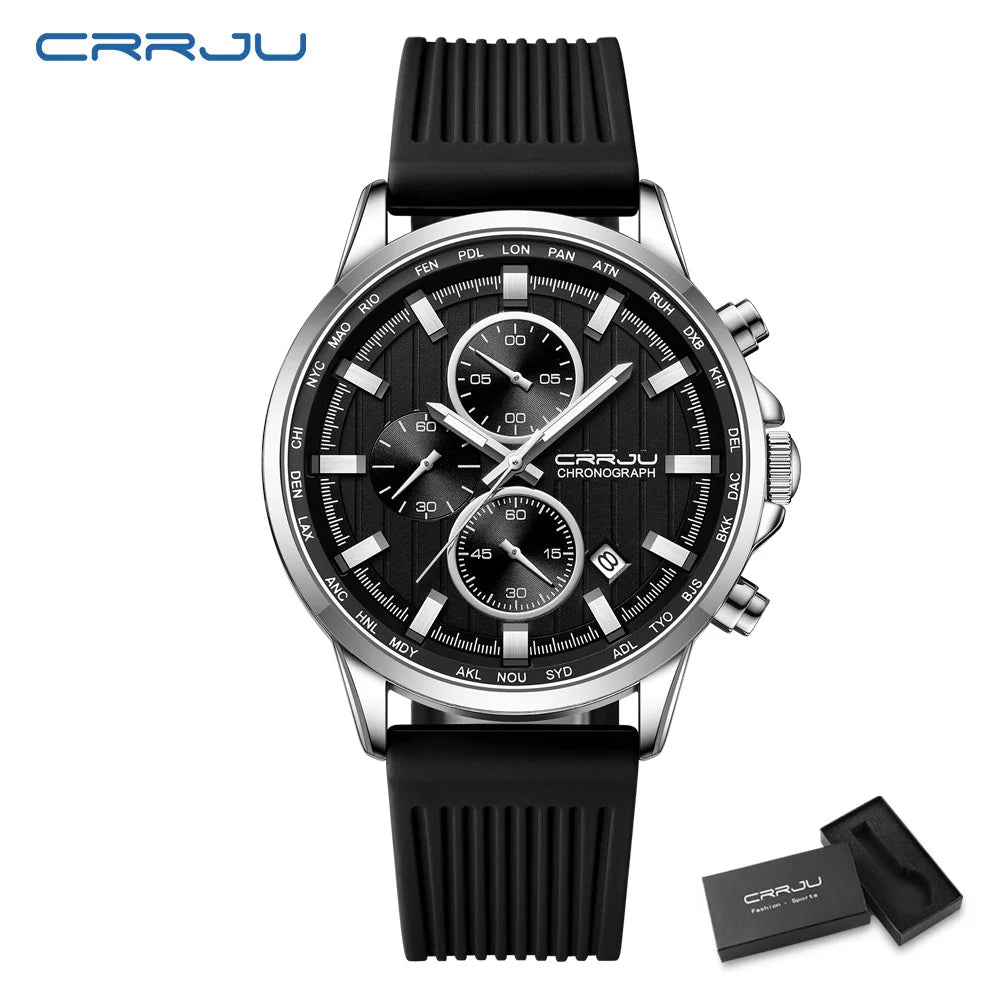 CRRJU Men Watch Silicone Strap Top Brand Luxury Sports Quartz Waterproof Luminous Auto Date Wristwatch Relogio Masculino