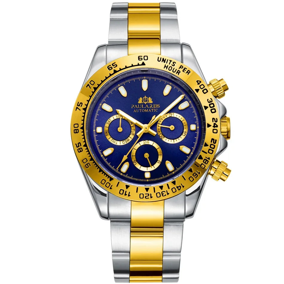 Automatic Watches Self Wind Mechanical Gold Stainless Steel Glacier Ice Blue Dial Chestnut Brown Bezel Luminous Men Watch