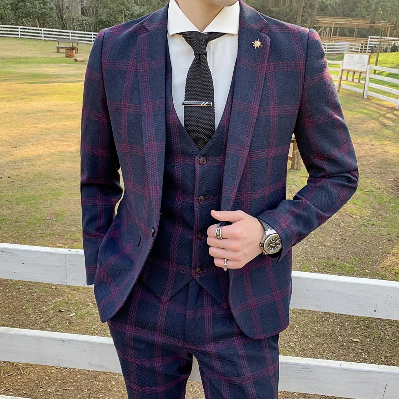 Blazers Pants Set 2 Pieces Set, 2024 Men's Business Casual Men Plaid Suit Jacket and Trousers, Asian Size M-5XL