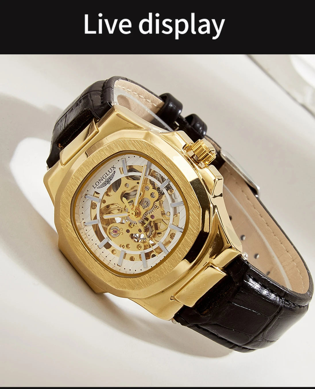 LONGLUX automatic man watch sport style wholesale mechanical wristwatches fashion hollow leather man watch men gift