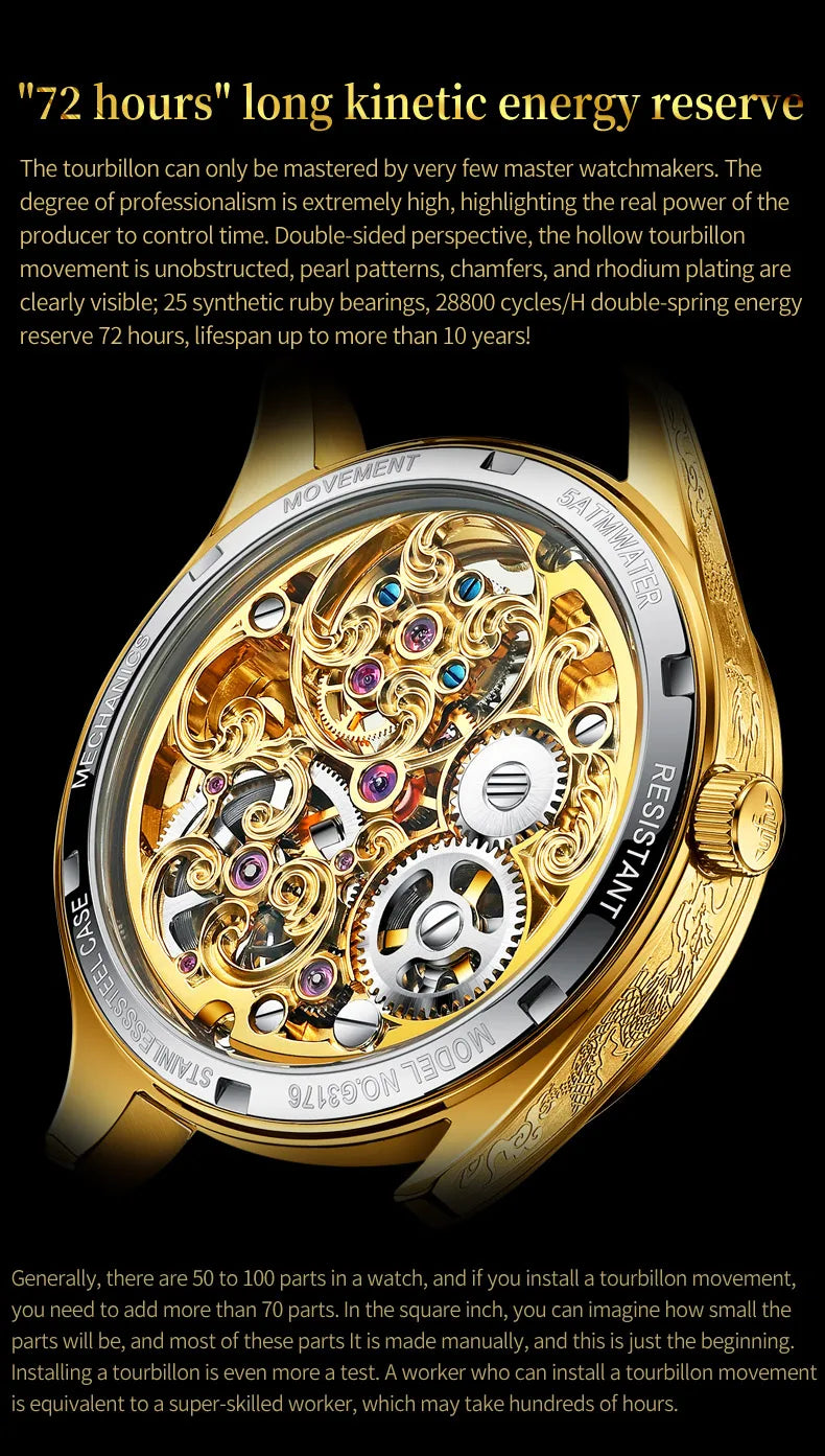 OUPINKE 3176 Luxury High end Fully Automatic Mechanical Tourbillon Watch Full Golden Dragon Dial Watch Sapphire Mirror Men Watch
