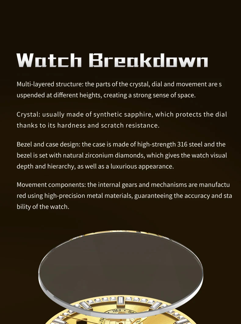 OUPINKE 3280 Mechanical Watch for Men Luxury Full Diamond Flywheel Skeleton Gold Stainless steel Date Automatic Men's Watch