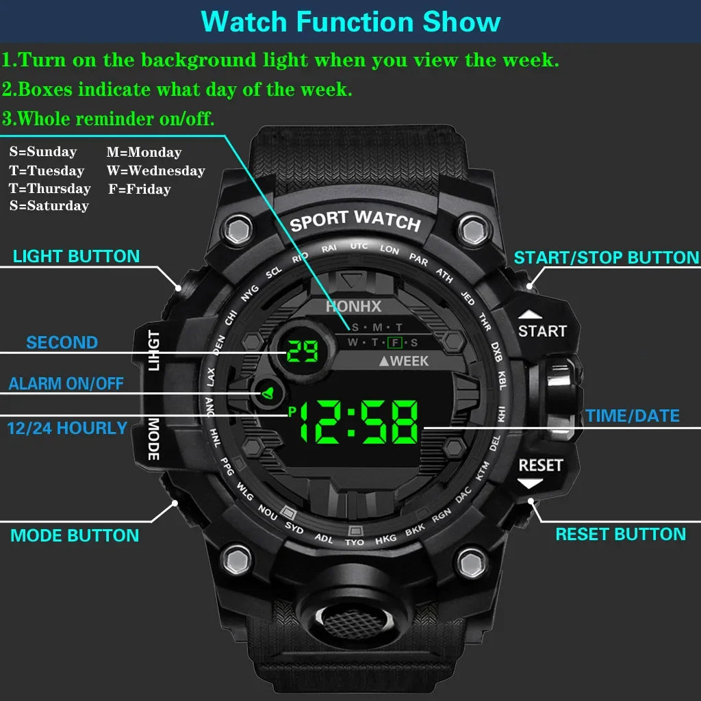 YIKAZE Y12 Men's Sports Watch Waterproof Luminous Men Sport Watch Multifunction Digital Electronic Wristwatch Clock for Boy Kids